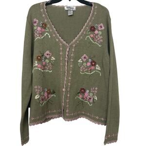 Vintage All Points Floral Embroidered Cotton Cardigan L Sage Green Pink Cottage